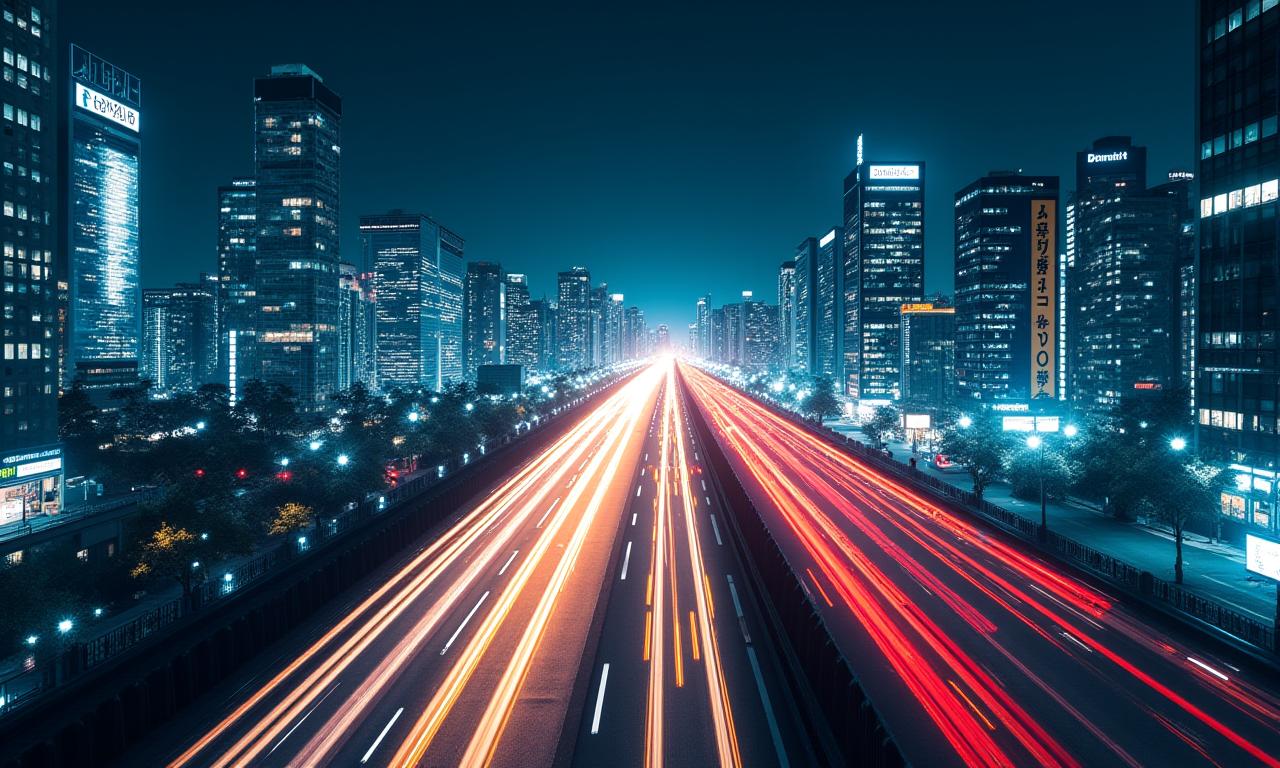 夜の東京の光跡と未来的なデータオーバーレイ